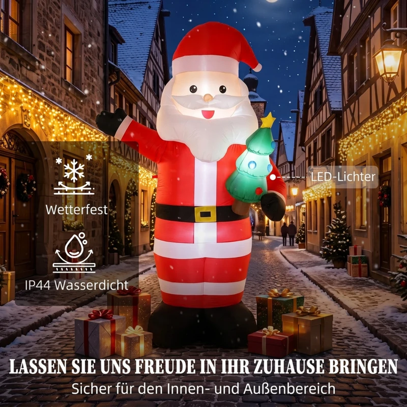 Outsunny Opblaasbare kerstman 243 cm met heldere ledverlichting, kerstdecoratie voor binnen en buiten, rood