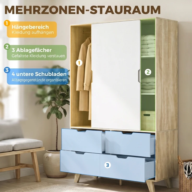 HOMCOM Moderner Kleiderschrank mit Schiebetüren, Kleiderstange, verstellbaren Böden und 4 Schubladen, Eiche/Weiß