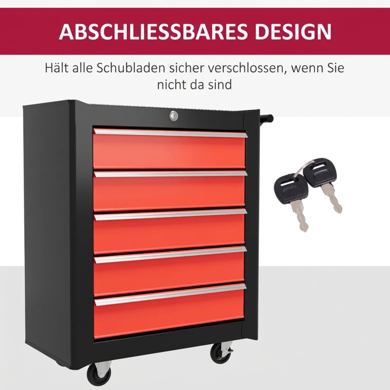 HOMCOM gereedschapskist, gereedschapskast, verrijdbaar, 5 lades, plaatstaal, zwart/rood