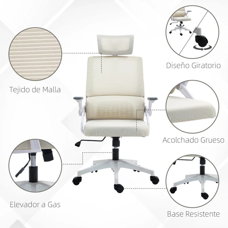 Vinsetto Silla de Oficina de Malla Silla de Escritorio con Altura Ajustable Reposacabezas Regulable y Reposabrazos Beige