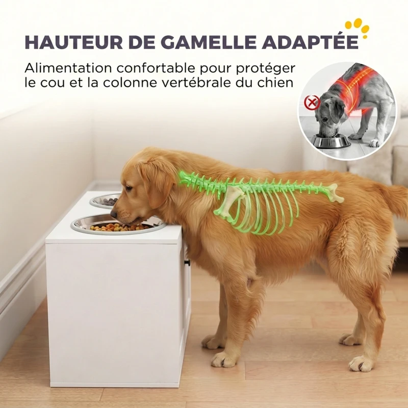 PawHut Gamelles surélevées pour chien, meuble repas avec rangement 10,6 gal, 2 gamelles inox 2,1 qt, anti-glouton, antidérapant