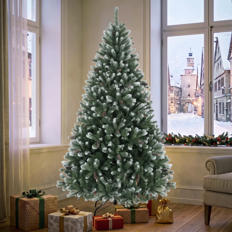 HOMCOM Árvore de Natal Artificial 180 cm com 802 Pontas Efeito Nevado, 59 Pinhas e Base Metálica Dobrável Verde e Branco