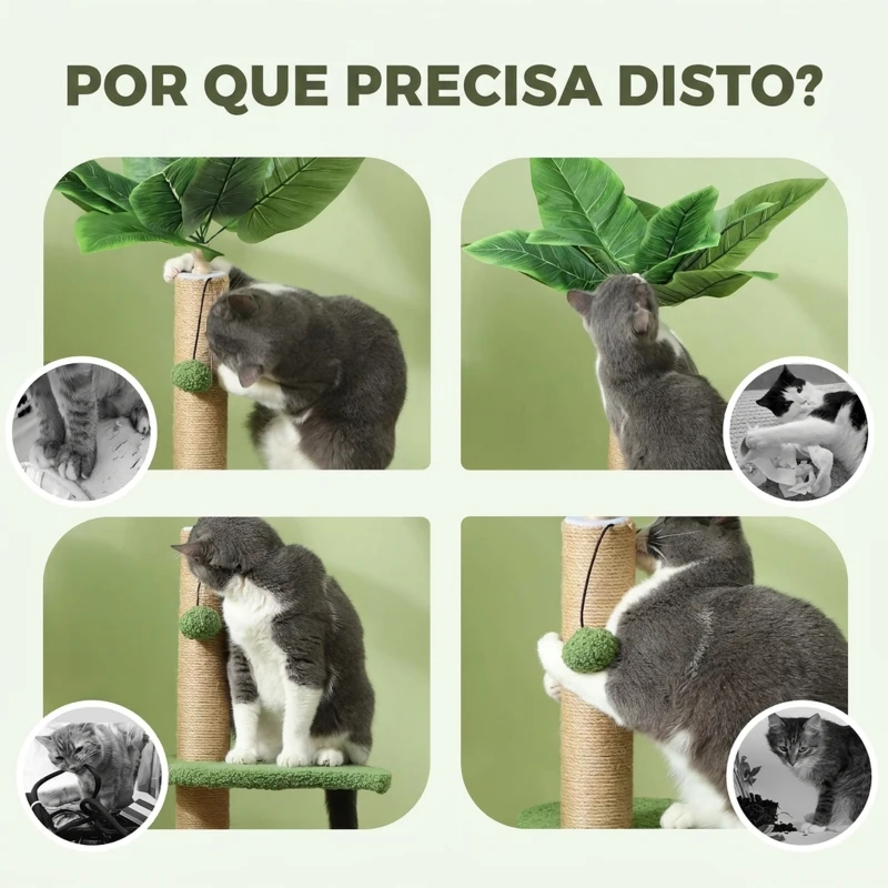 PawHut Árvore Arranhadora para Gatos 83 cm com Folhas Artificiais, Poste em Juta, Plataformas em Pelúcia e 2 Brinquedos, Verde