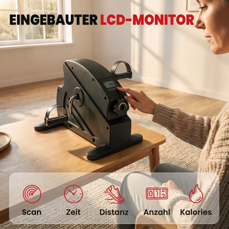 SPORTNOW Mini Heimtrainer Pedaltrainer mit stufenlosem Widerstand LCD-Display 4-fach verstellbaren Pedalriemen Griff