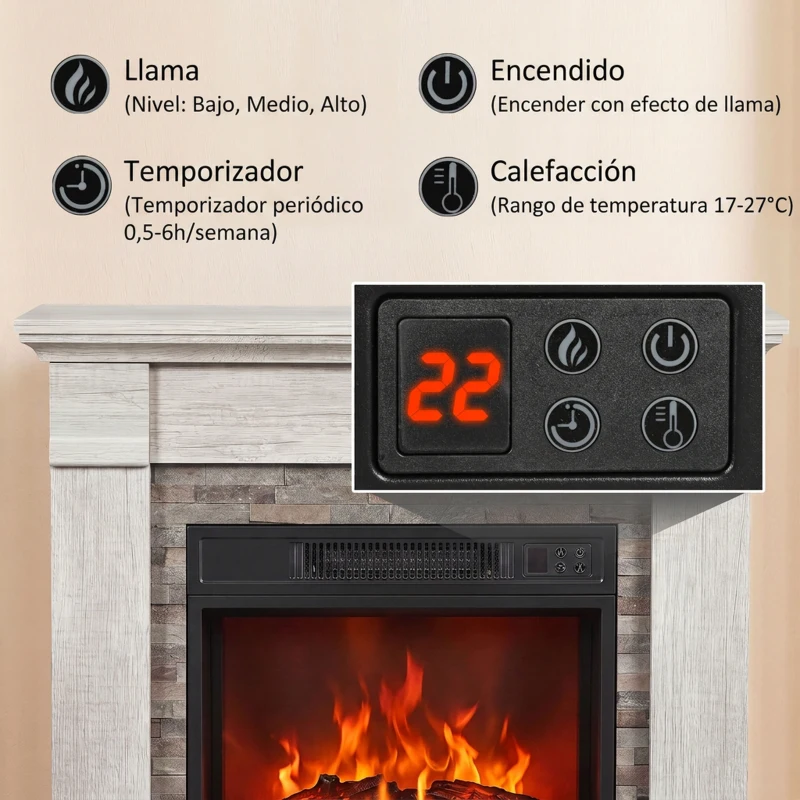 HOMCOM Chimenea Eléctrica Decorativa 1800W con Efecto de Llama de 3 Brillos Termostato Temporizador Mando a Distancia Natural