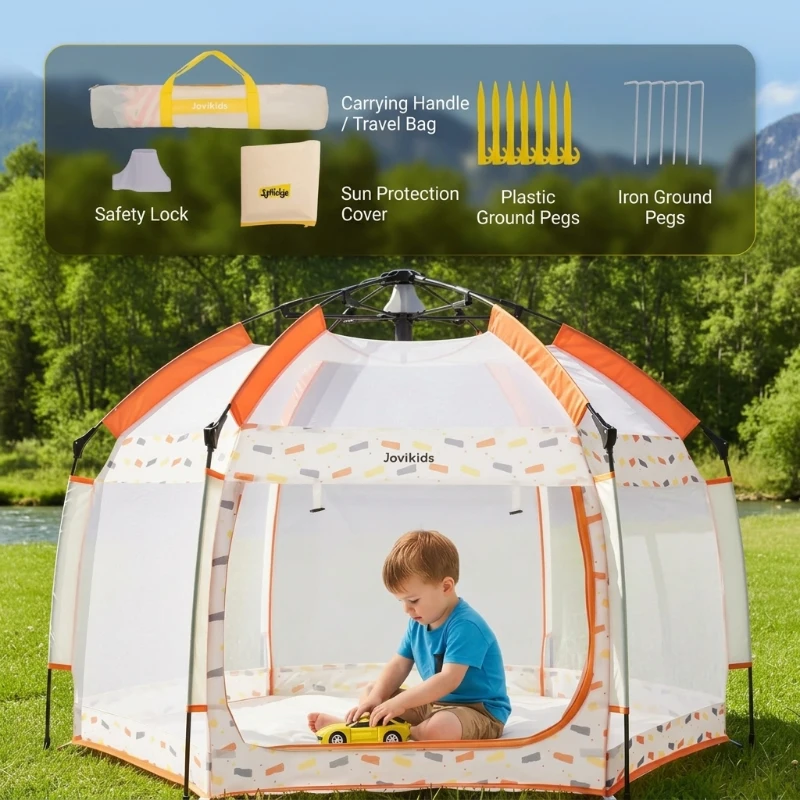 Pop-Up Baby Playpen with Removable Canopy, Portable Six-Sided Play Yard with Breathable Mesh for Outdoor, 150L x 150W x 105H cm, Beige