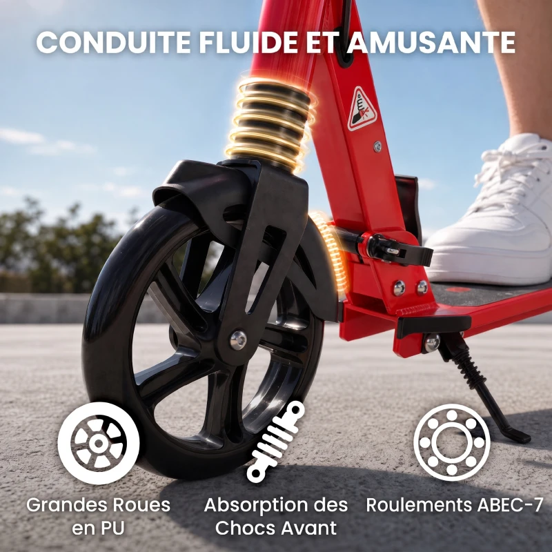 SPORTNOW Trottinette Pliable en Aluminium, Guidon Réglable, Freinage Double à Main/Pédale, Roues PU 18 cm, 86x38x103,5cm, Rouge