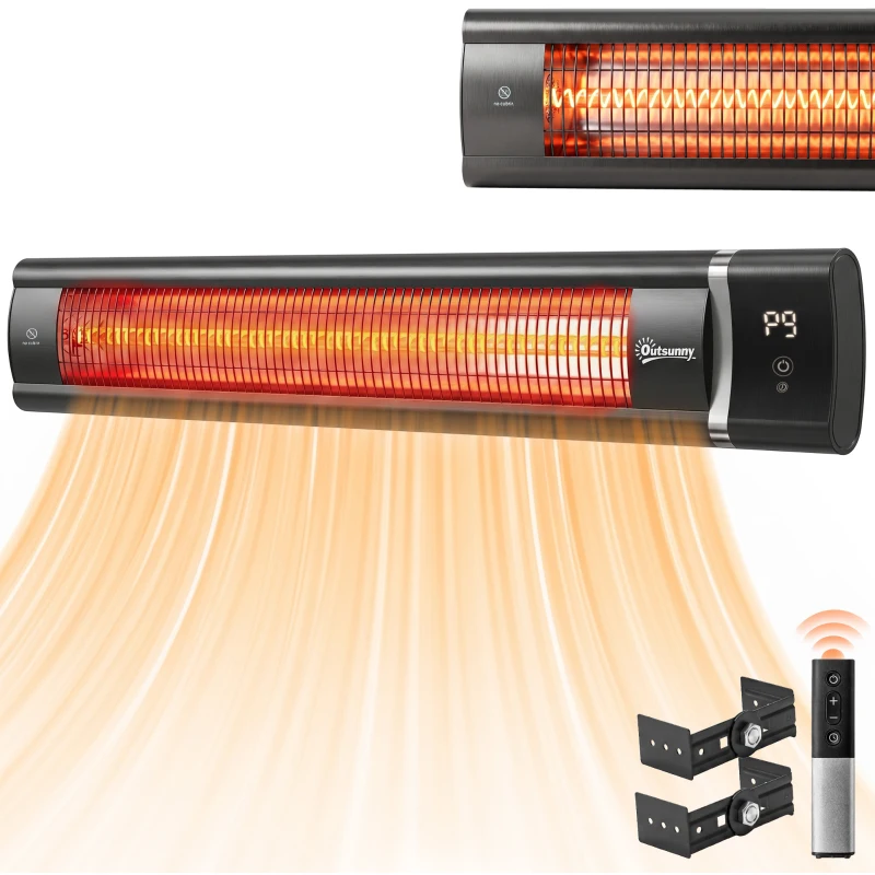 Outsunny Calefactor por Infrarrojos Terraza 3000 W IP65 9 Niveles Calor Temporizador 24 H Control Táctil/Remoto Pantalla LED
