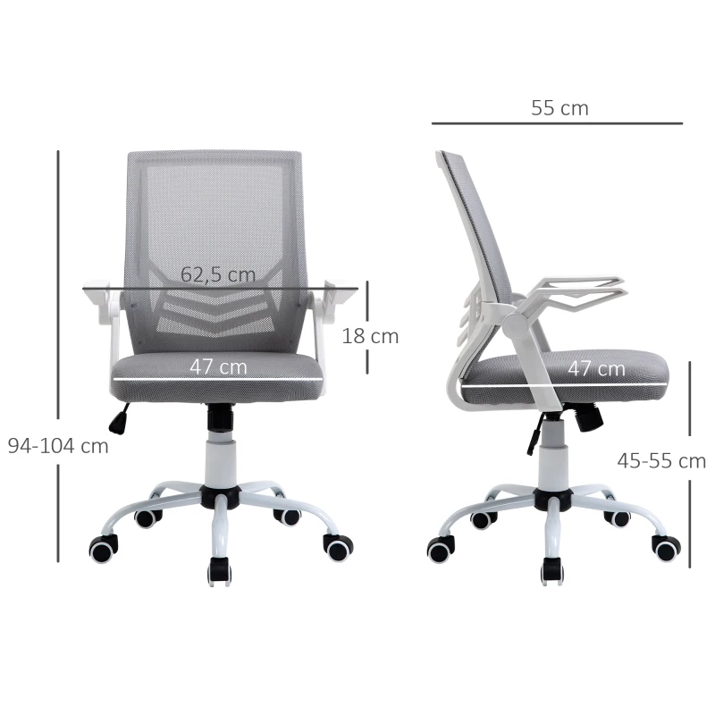 Vinsetto Silla de Oficina Ergonómica Silla de Malla con Altura Ajustable Reposabrazos Abatible Soporte Lumbar Transpirable 62,5x55x94-104 cm Gris