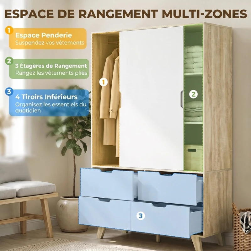 HOMCOM Armoire Chambre Penderie, 2 Portes Coulissantes, 4 Tiroirs, Barre de Suspension, Étagères Réglables, Chêne et Blanc