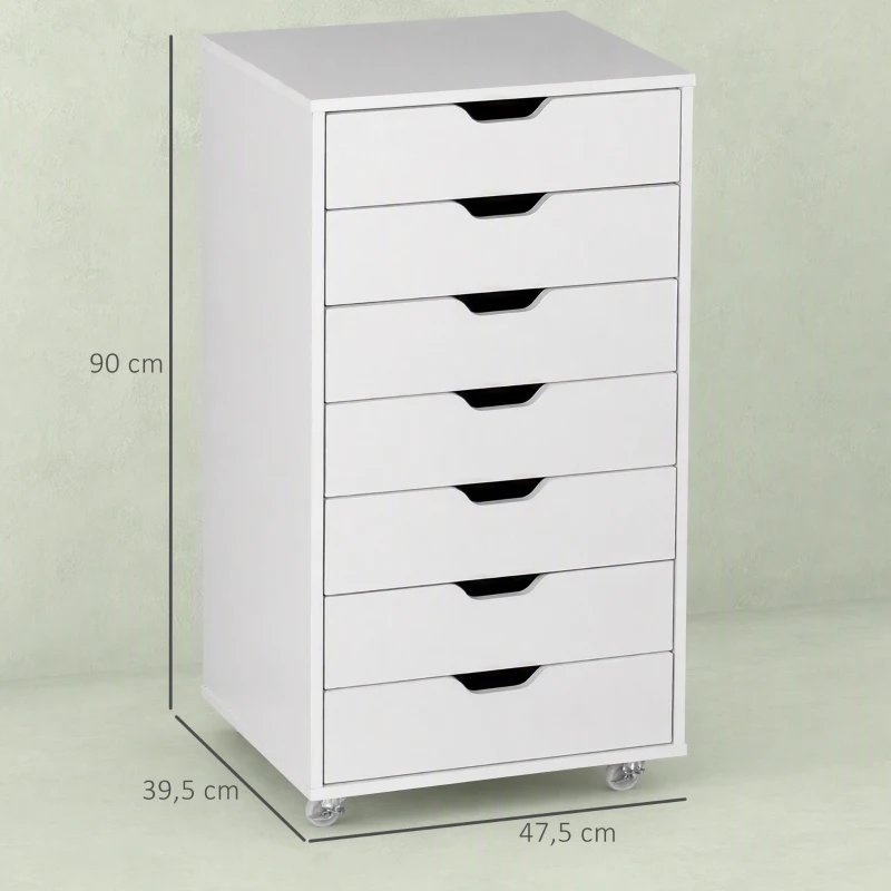Vinsetto Schedario da Ufficio con 7 Cassetti, Ruote a Freno, Cassettiera Scrivania per Lettera/Formato A4/Legale, Bianco