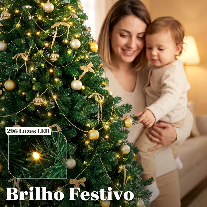 HOMCOM Árvore de Natal Decorativa 230 cm com 296 LED 1405 Ramos Ignífugos Estrela 42 Bolas 30 Laços e Decoração Dourada Verde