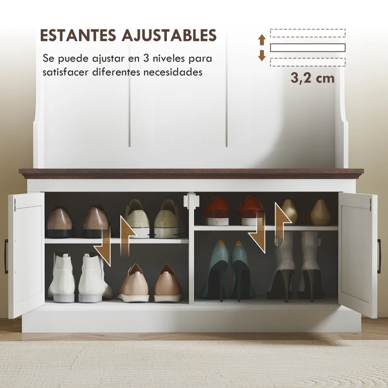 HOMCOM Perchero Zapatero con Banco Zapatero Ganchos Estantes y Compartimentos para Entrada Pasillo Salón 105x40x180 cm Blanco