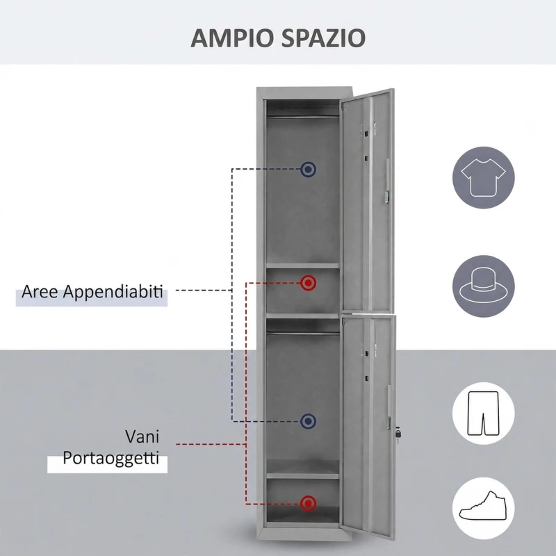 Vinsetto Armadietto 4 Ripiani 2 Porte Chiusura di Sicurezza Ufficio Garage Officina Acciaio Laminato a Freddo 38x46x180cm Grigio