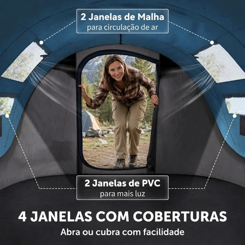 Outsunny Tenda de Campismo Pop-up para 2-3 Pessoas com Janelas Impermeável Anti-UV 263,5x220x123 cm Azul