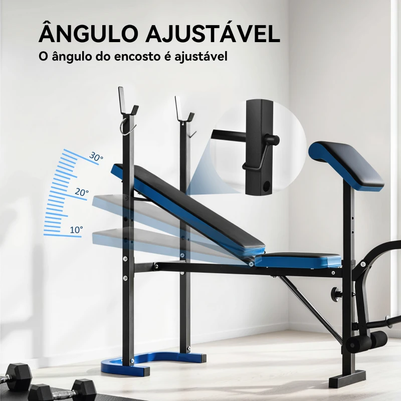 HOMCOM Banco de Musculação Multifuncional com Suporte para Barras e Encosto Ajustável 155x56,5x120 cm Preto e Azul