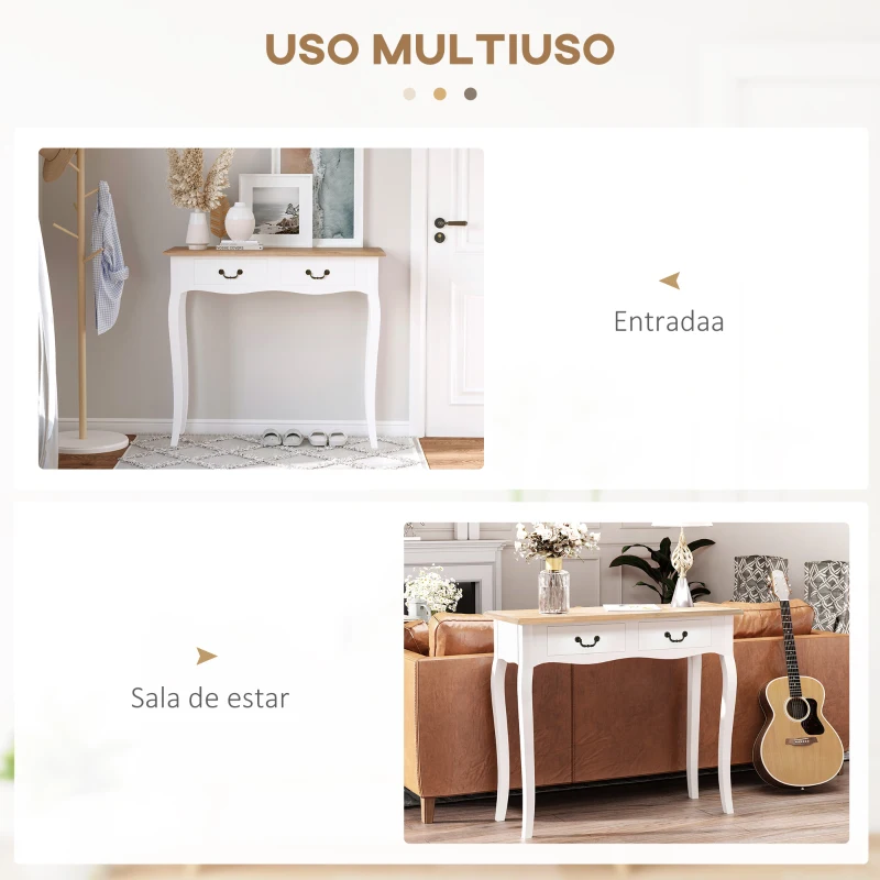 HOMCOM Mesa de Consola con 2 Cajones Diseño de Retro para Entrada Pasillo Sala de Estar Dormitorio Pino 87x34x78,5 cm Blanco