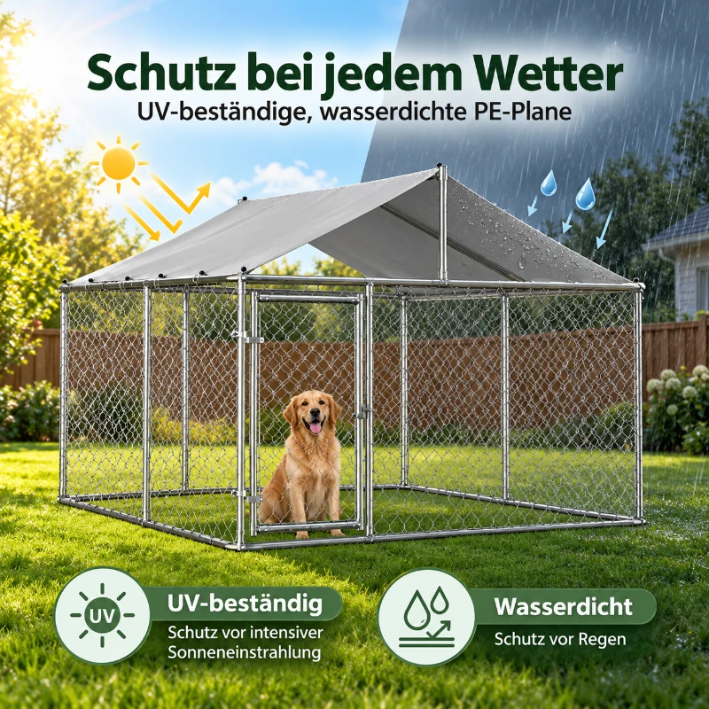 Outdoor-Hundeauslauf mit Dach, Hundezwinger 230 x 230 x 117 cm, 32-mm verzinkter Stahl, abschließbare Tür, Erdanker, Silber