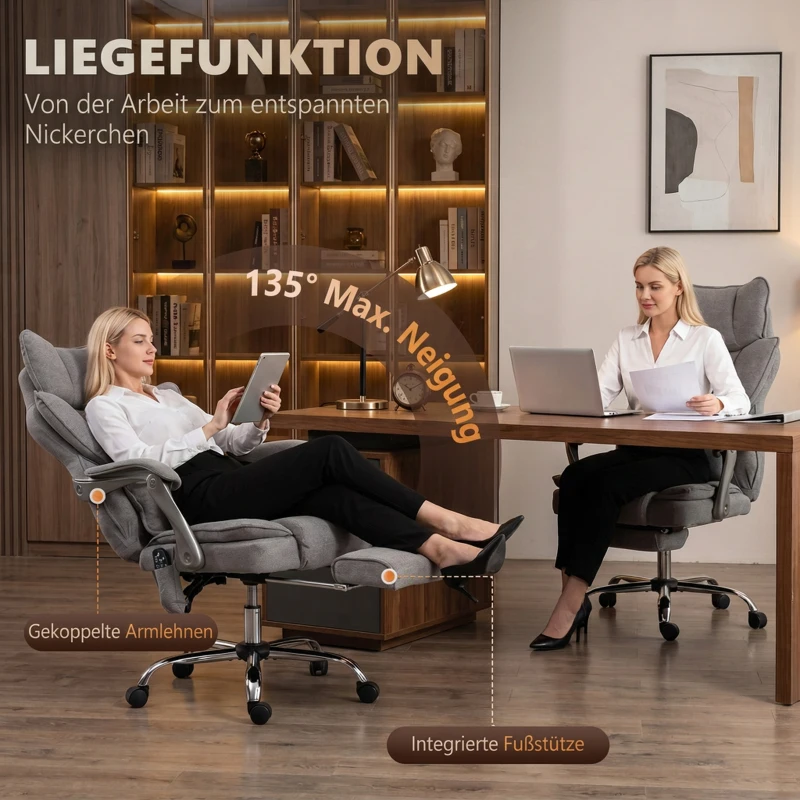 HOMCOM Fotel biurowy z funkcją masażu i ogrzewania, do 180 kg, regulowany, w wyglądzie lnu, podparcie lędźwiowe, szerokie siedzisko, szary