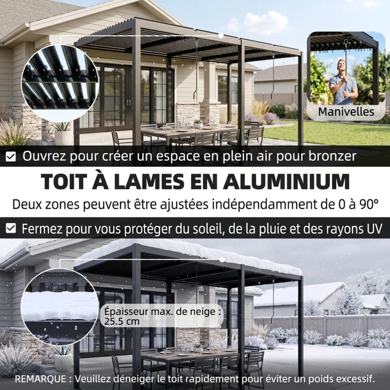 Outsunny Pergola 3 x 6 m  pergola d'extérieur tonnelle avec persiennes manivelle, toit réglable en aluminium crochets gris foncé