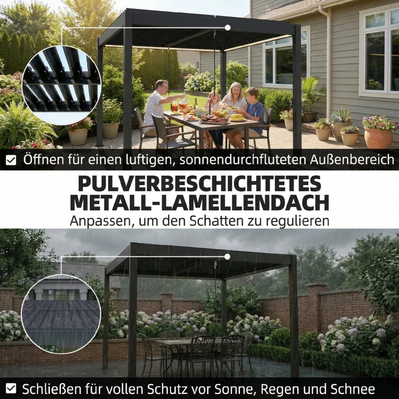 Outsunny Pergola 3x3 m Aluminium Terrassenüberdachung mit LED-Beleuchtung Fernbedienung verstellbar Lamellendach