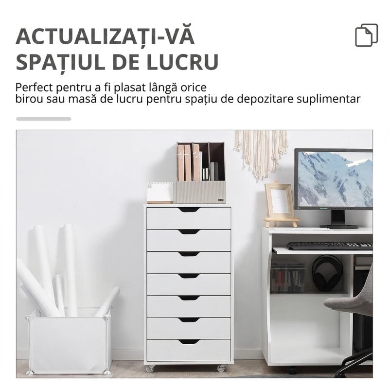 Vinsetto fișet de birou cu 7 sertare, roți cu frână, pentru documente Letter/A4/Legal, alb
