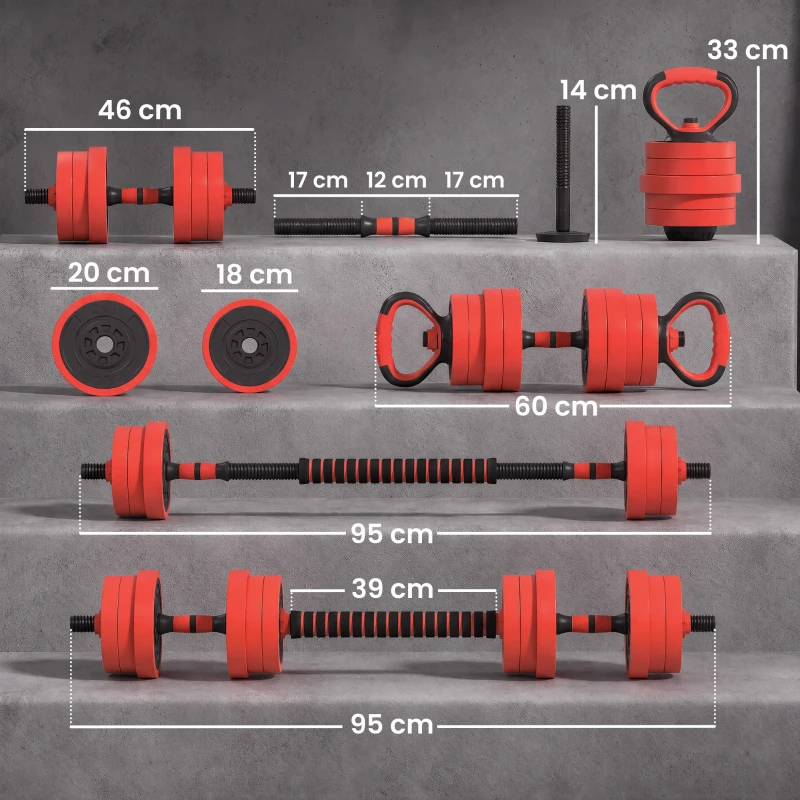 SPORTNOW Set Greutăți 4 în 1 de 20kg, Convertibil în Kettlebell, 2 Gantere, Bară și Suport pentru Flotări, Roșu