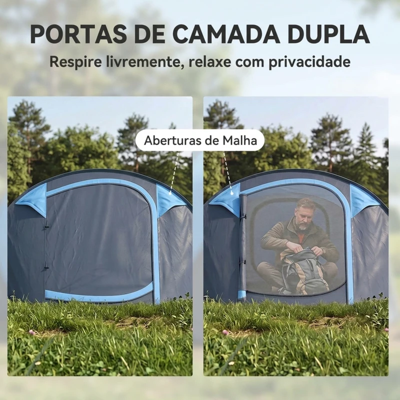 Outsunny Tenda de Campismo Pop-up para 2-3 Pessoas com Janelas Impermeável Anti-UV 263,5x220x123 cm Azul