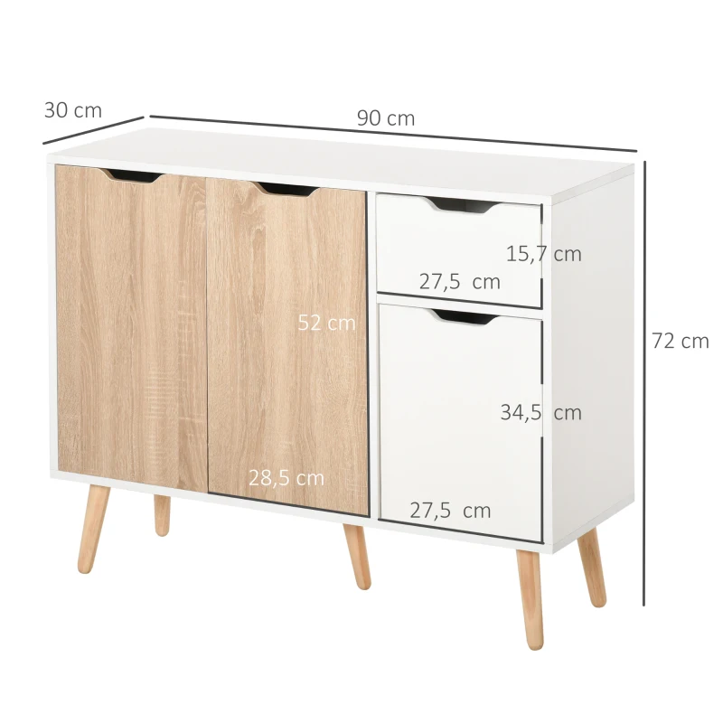 HOMCOM Aparador Moderno Aparador para Salón con 3 Puertas y Cajón Mueble Auxiliar para Salón Cocina Dormitorio 90x30x72 cm Blanco y Natural