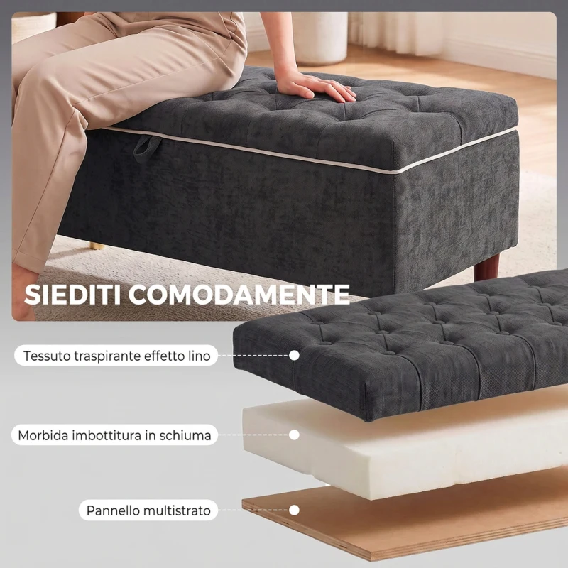HOMCOM Cassapanca 78L Pouf Contenitore 117x44x45cm, Seduta Imbottita 2 Posti in Tessuto Effetto Lino, Grigio Scuro