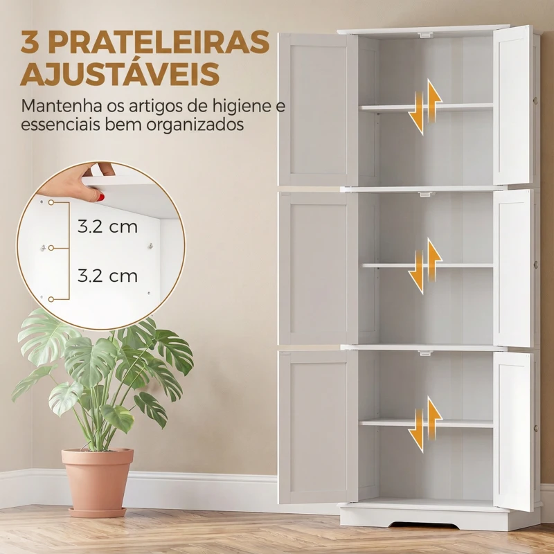 HOMCOM Armário Alto para Casa de Banho com 3 Armários de Porta Dupla e Prateleiras Ajustáveis 60x30x160 cm Branco