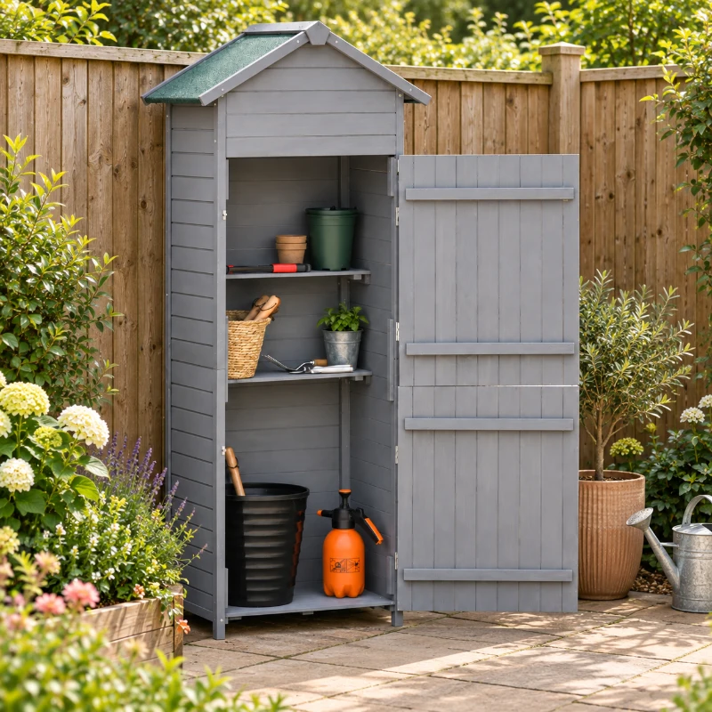 Outsunny Wooden Garden Storage Shed Utility Gardener Cabinet w/ 3 Shelves, Tilted-felt Roof and Two Lockable Doors, Dark Grey