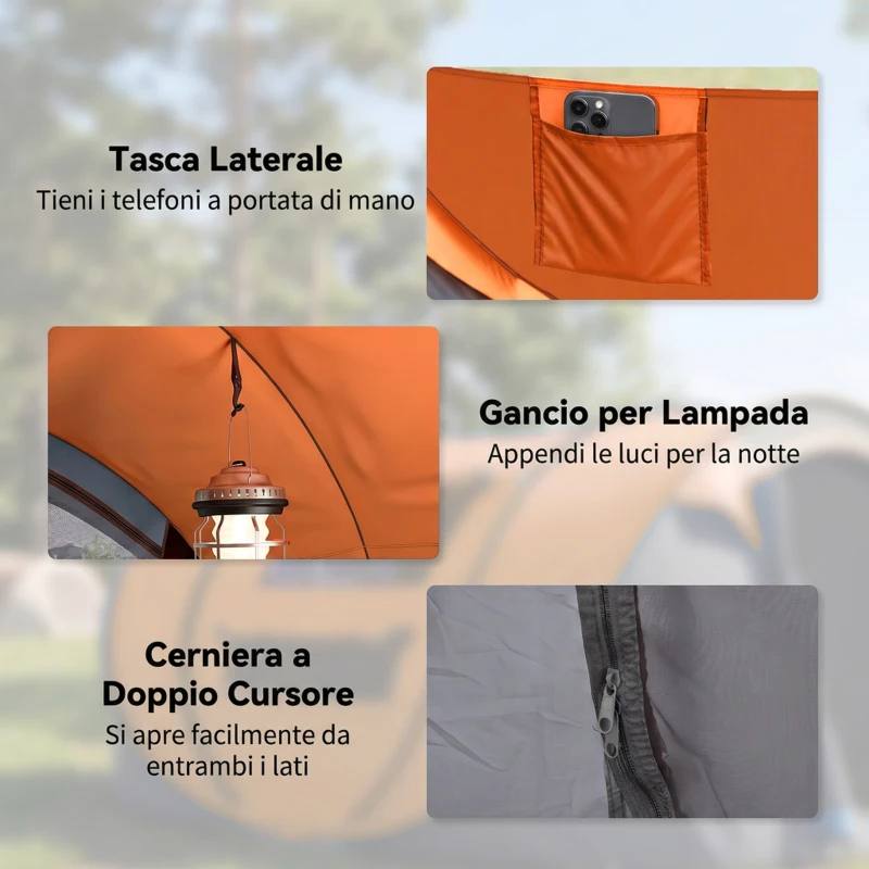 Outsunny Tenda da Campeggio Pop Up 3 Posti con 2 Porte, 4 Finestre e Telo, 263.5x220x123 cm, Arancione