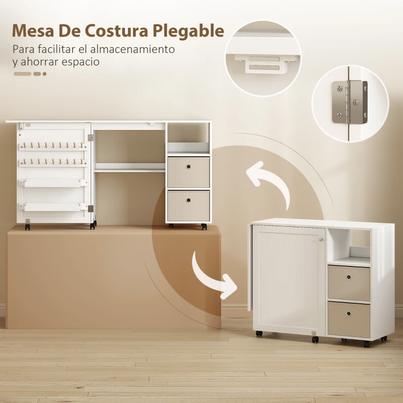 HOMCOM Mesa de Costura Plegable con 6 Ruedas 18 Clavijas 2 Cajones y 3 Compartimentos Blanco