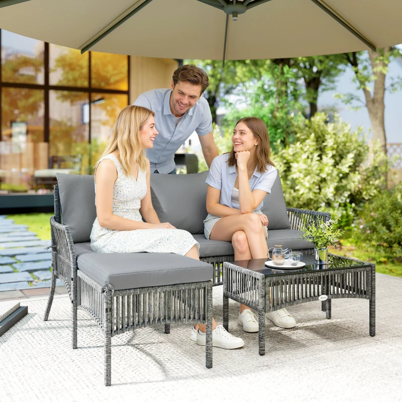 Outsunny 3 Piece Rattan Garden Furniture Corner Sofa Set with Chaise Lounge, Loveseat, Glass Coffee Table, Cushions, Dark Grey