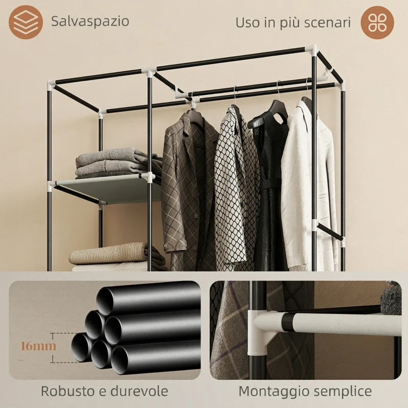 HOMCOM Armadio Portatile in Tessuto non Tessuto e Acciaio con Ruote, 6 Ripiani Aperti, Appendino, Crema