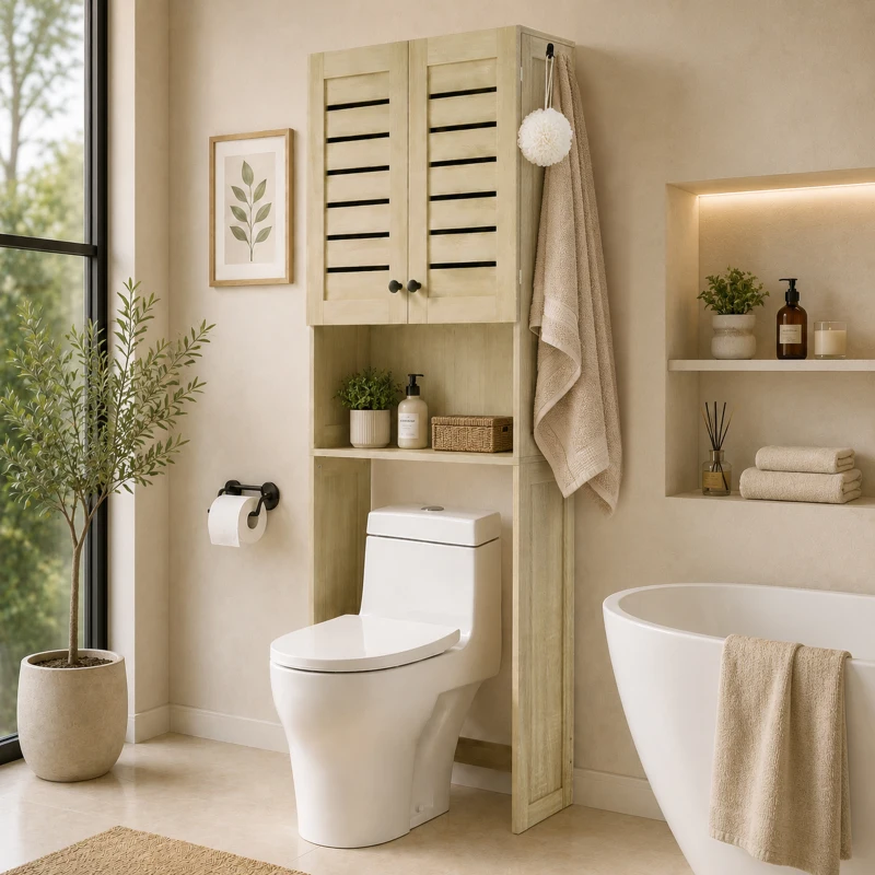 HOMCOM Über-WC-/Waschmaschinen-Schrank mit Doppeltür und Lamellentüren, 67x31,5x190 cm, Eiche