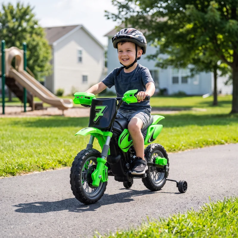 AIYAPLAY Moto Eléctrica Niños 12V con 2 Ruedas Auxiliares Desmontables 2 Motores Suspensión Trasera 3 km/h 3-6 Años Verde