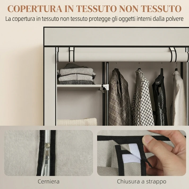 HOMCOM Armadio Portatile in Tessuto non Tessuto e Acciaio con Ruote, 6 Ripiani Aperti, Appendino, Crema