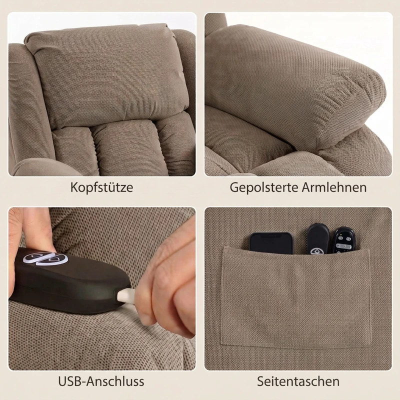 HOMCOM TV-fauteuil met massage- en verwarmingsfunctie, elektrische sta-opstoel, afstandsbediening, zijvakken, lichtbruin