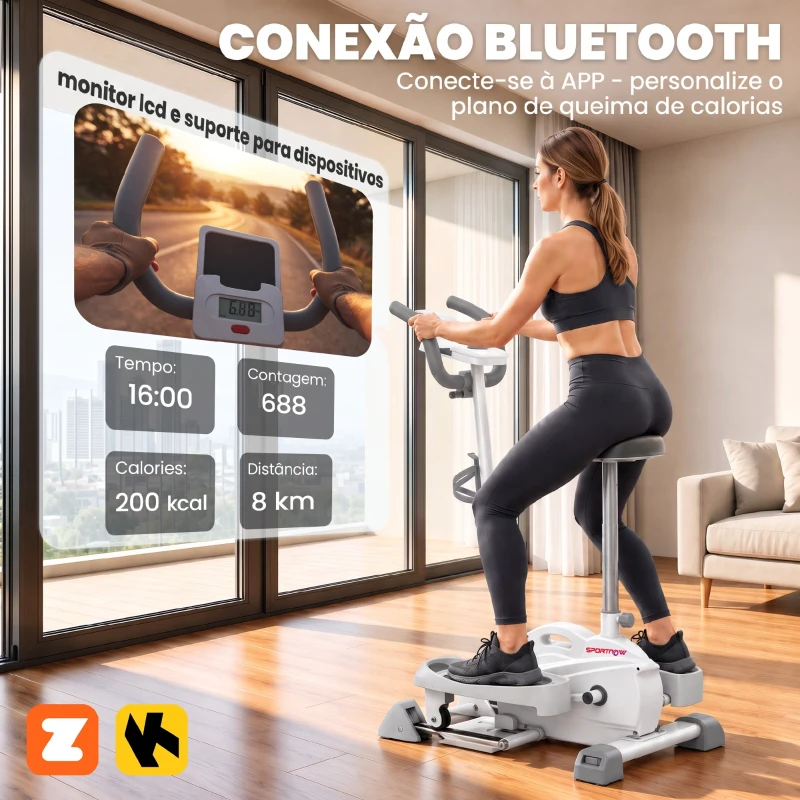 SPORTNOW Bicicleta Elíptica 3 em 1 Silenciosa com Assento Resistência Magnética Ajustável Ecrã LCD Compatível com App Branca