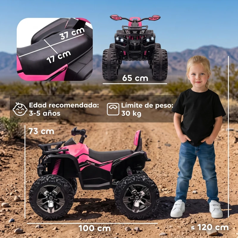 HOMCOM Quad Eléctrico para Niños 12V Quad para Niños de 3–5 Años con 2 Motores Suspensión 3–8 km/h Música Faros LED USB Rosa