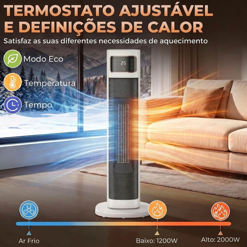 HOMCOM Aquecedor Elétrico Cerâmico PTC 2000 W com 4 Modos, Comando à Distância e Proteção contra Sobreaquecimento e Queda