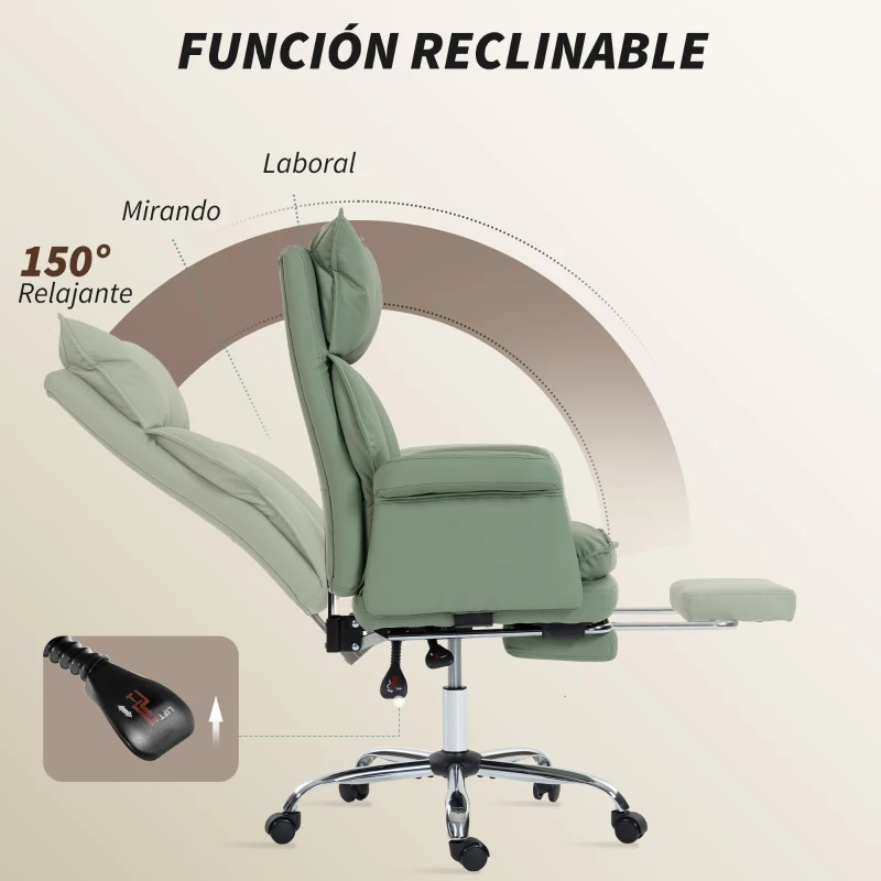 HOMCOM Silla de Escritorio con Reposapiés Respaldo Reclinable Alto Acolchado Grueso Tapizada en Cuero Sintético Ruedas Verde
