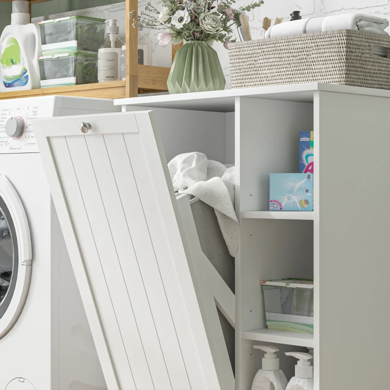 HOMCOM Mueble de Baño con Cesto Ropa Sucia Cesta Extraíble Estante Ajustable y Compartimentos para Baño 60x38x86 cm Blanco
