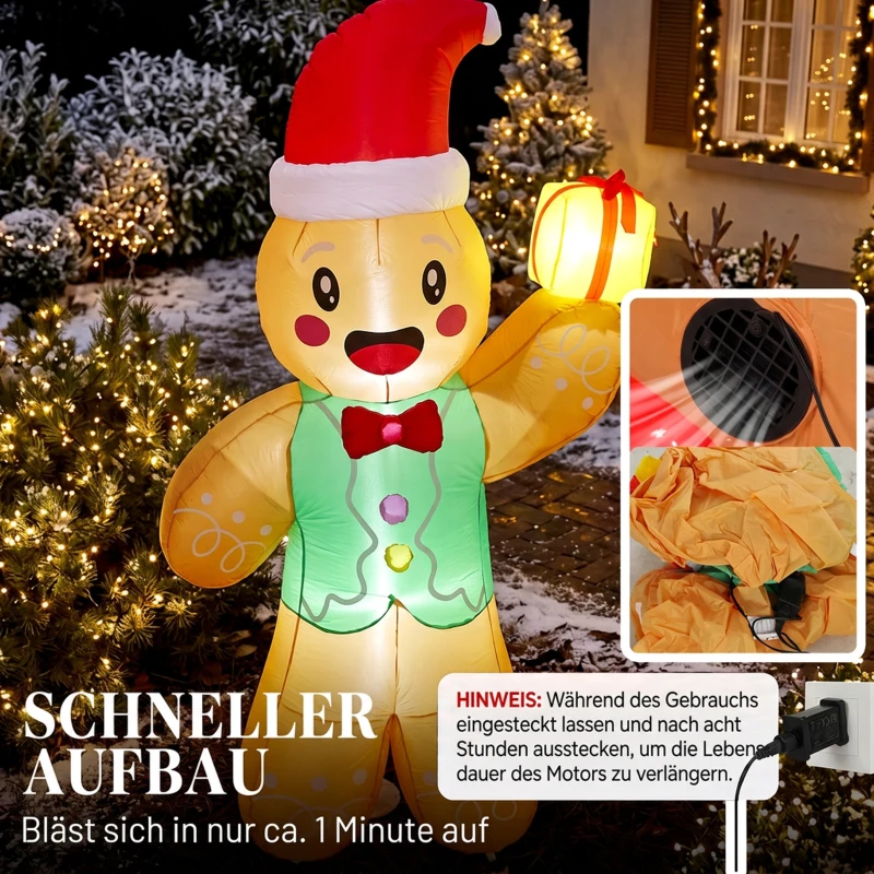 Outsunny Aufblasbarer Weihnachts-Lebkuchenmann, 250 cm, mit Geschenkbox und LEDs, für außen