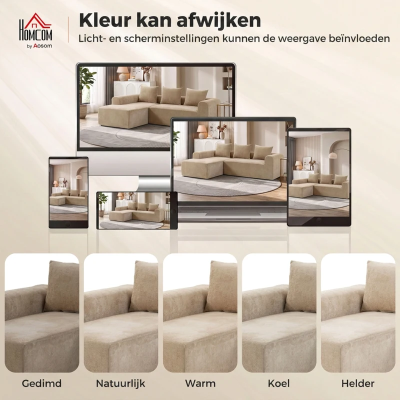 HOMCOM Hoekbank met chaiselongue, raamloos Cloud-Sofa in L-vorm van Chenille, diepe zit, pocketveren, Beige