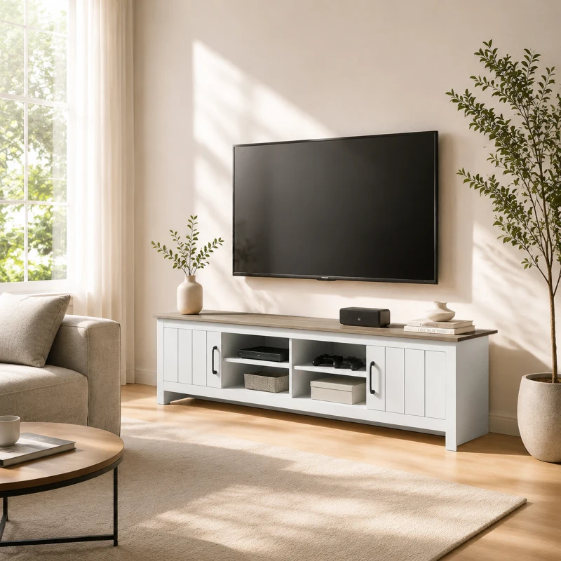 HOMCOM Meuble TV 175 cm, Meuble Télé pour Téléviseur jusqu'à 55 Pouces avec 2 Portes et 4 Compartiments Ouverts, Chêne et Blanc