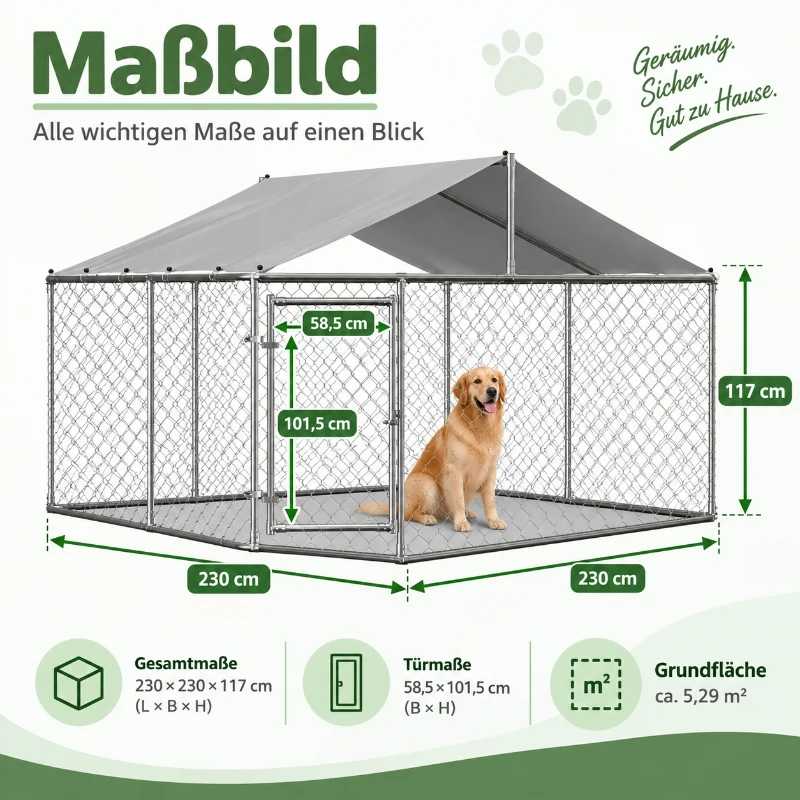 Outdoor-Hundeauslauf mit Dach, Hundezwinger 230 x 230 x 117 cm, 32-mm verzinkter Stahl, abschließbare Tür, Erdanker, Silber