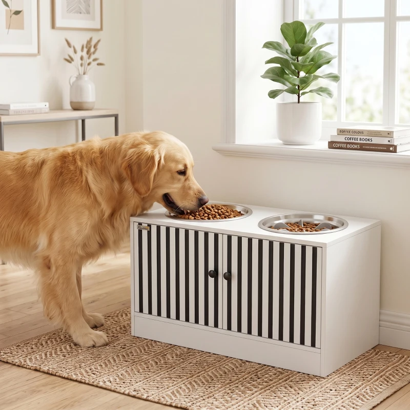 PawHut Gamelles surélevées pour chien, meuble repas avec rangement 10,6 gal, 2 gamelles inox 2,1 qt, anti-glouton, antidérapant